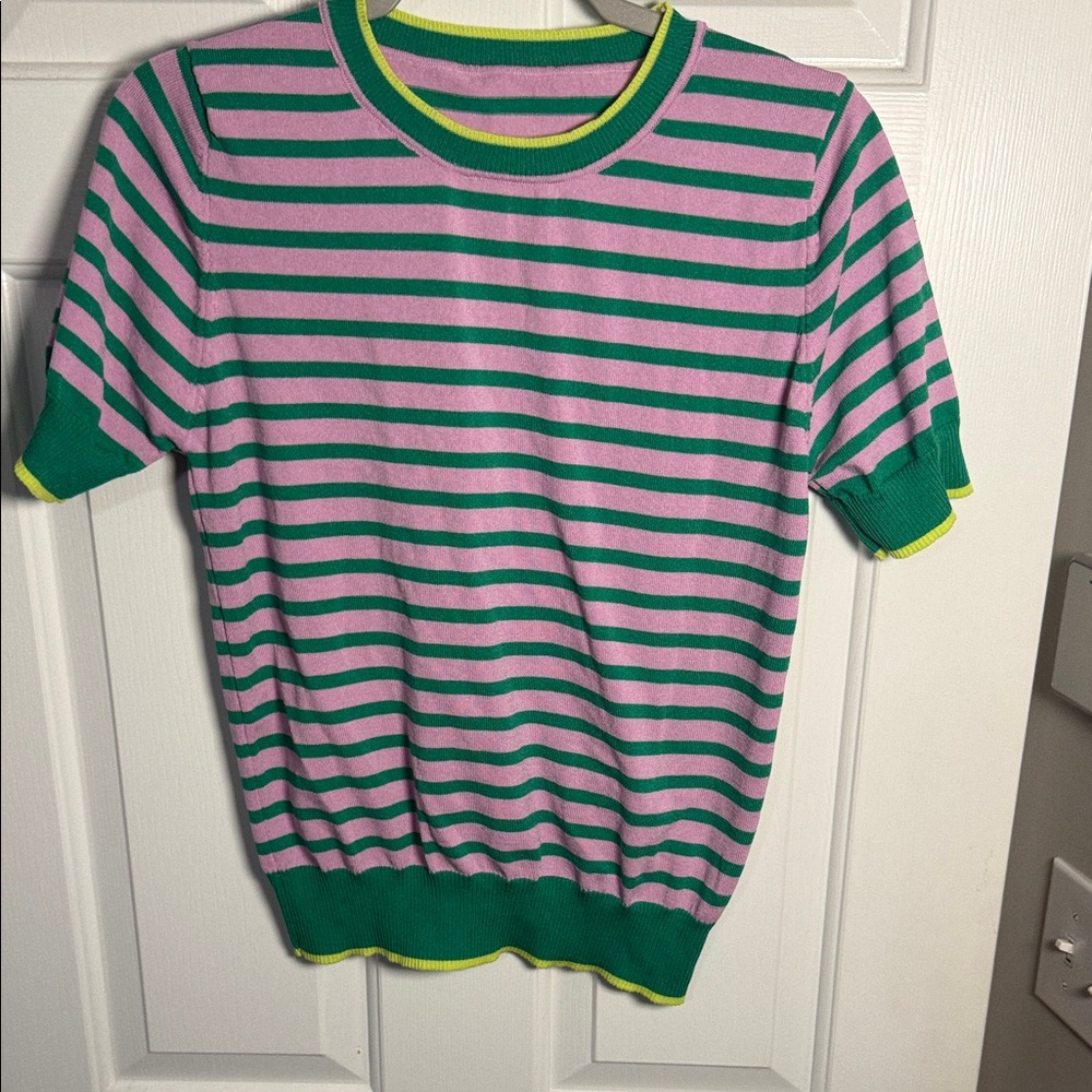 Women’s striped short sleeve Sweater Shirt - Pink and Green